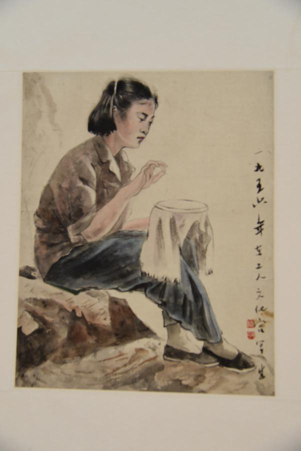 1956年柳子谷設(shè)色繡花女工圖紙本鏡片